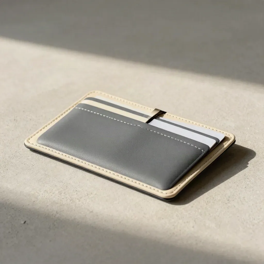 Overhead flatlay of cream compliance wallet, graphite sleeve and blank filing tabs on pale concrete.