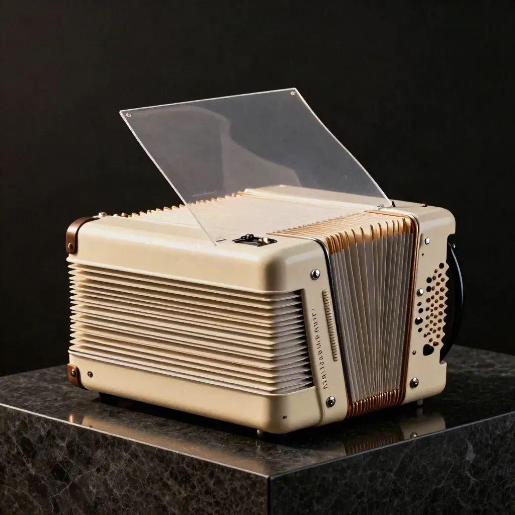 Cream accordion export bundle with acetate sheets on dark stone, lit dramatically.