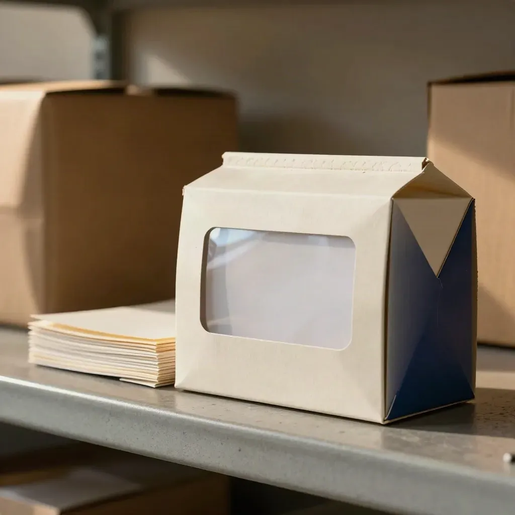Carton sleeve and folded packing papers on a cool concrete packing shelf in soft light.