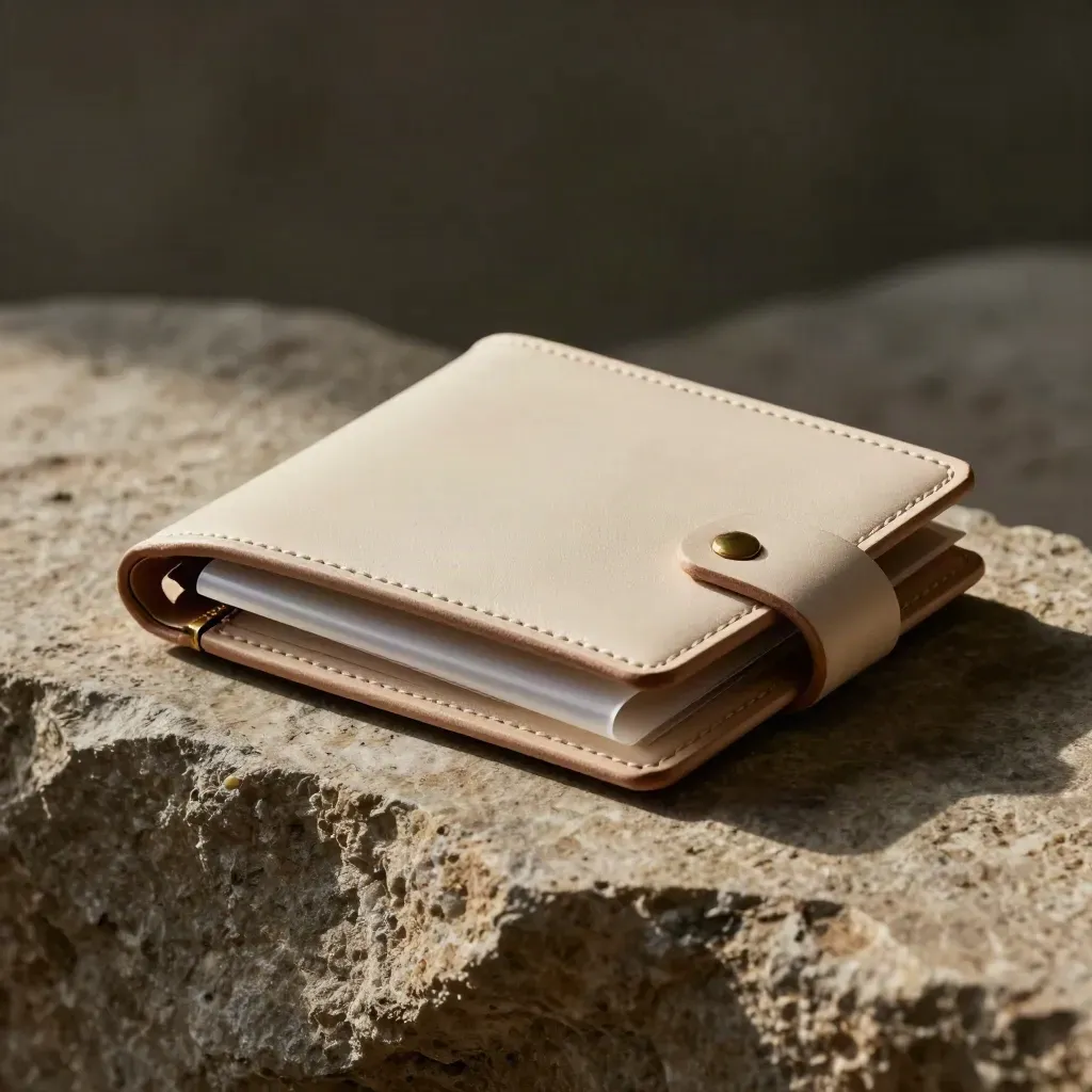 Pale archive wallet with sleeves and a translucent route strip on a misty stone ledge.