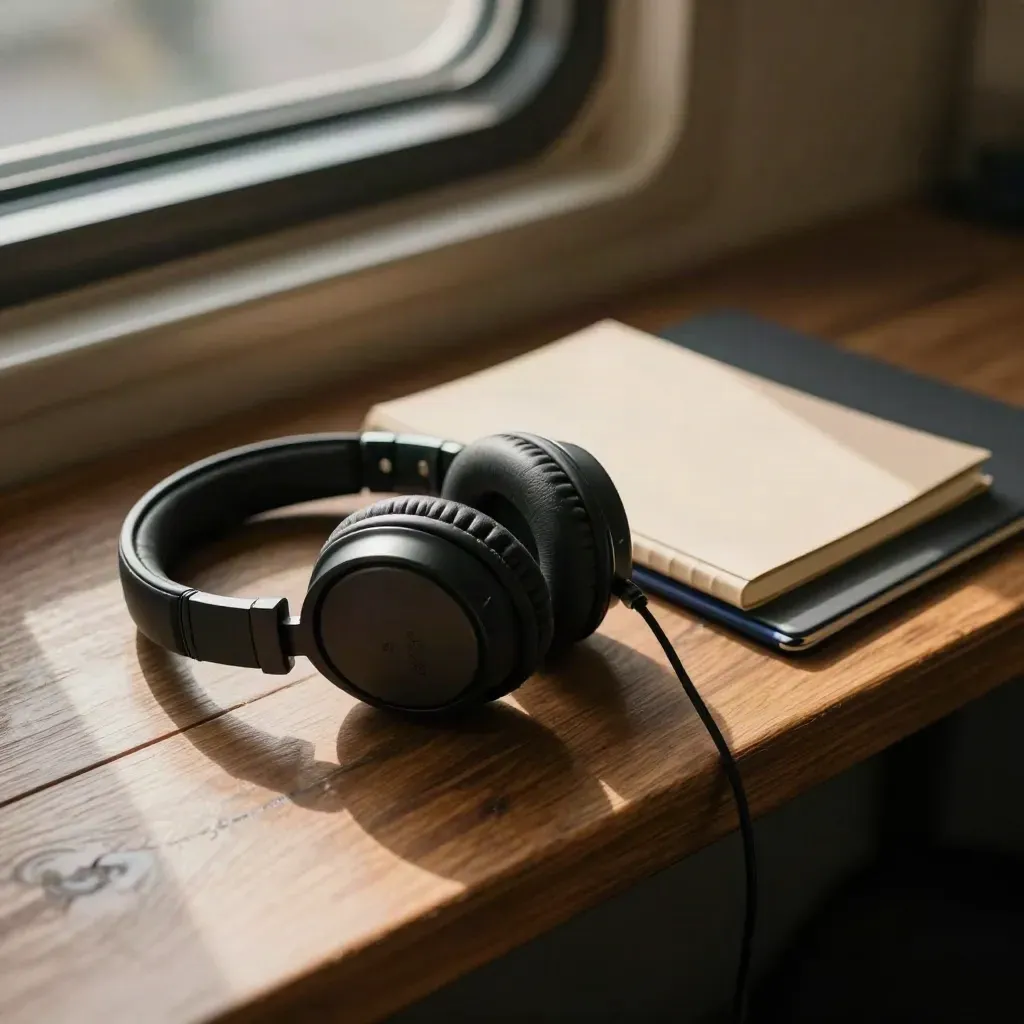 Headset, notebook and folder on a dark timber bench in soft hazy light.