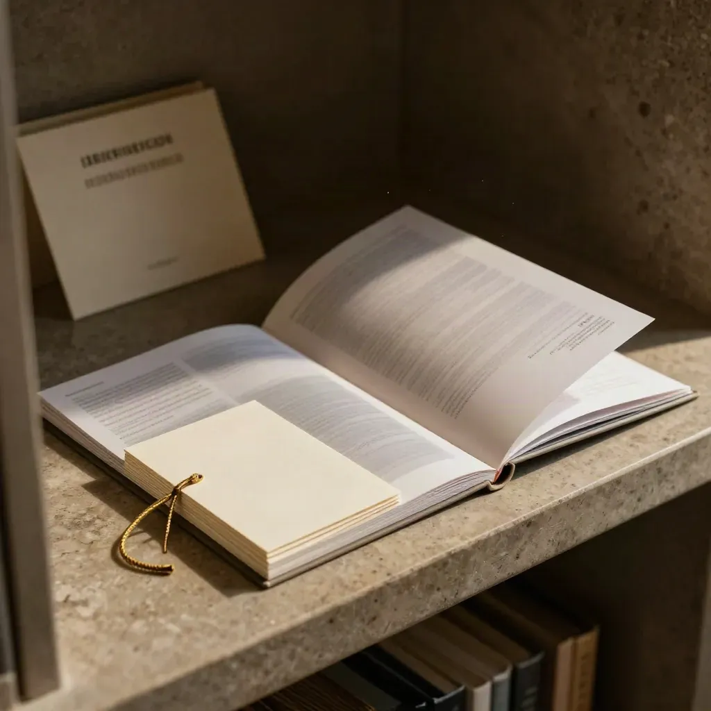 Folded route folio with translucent overlays, blank cards and cord on limestone in moody studio light