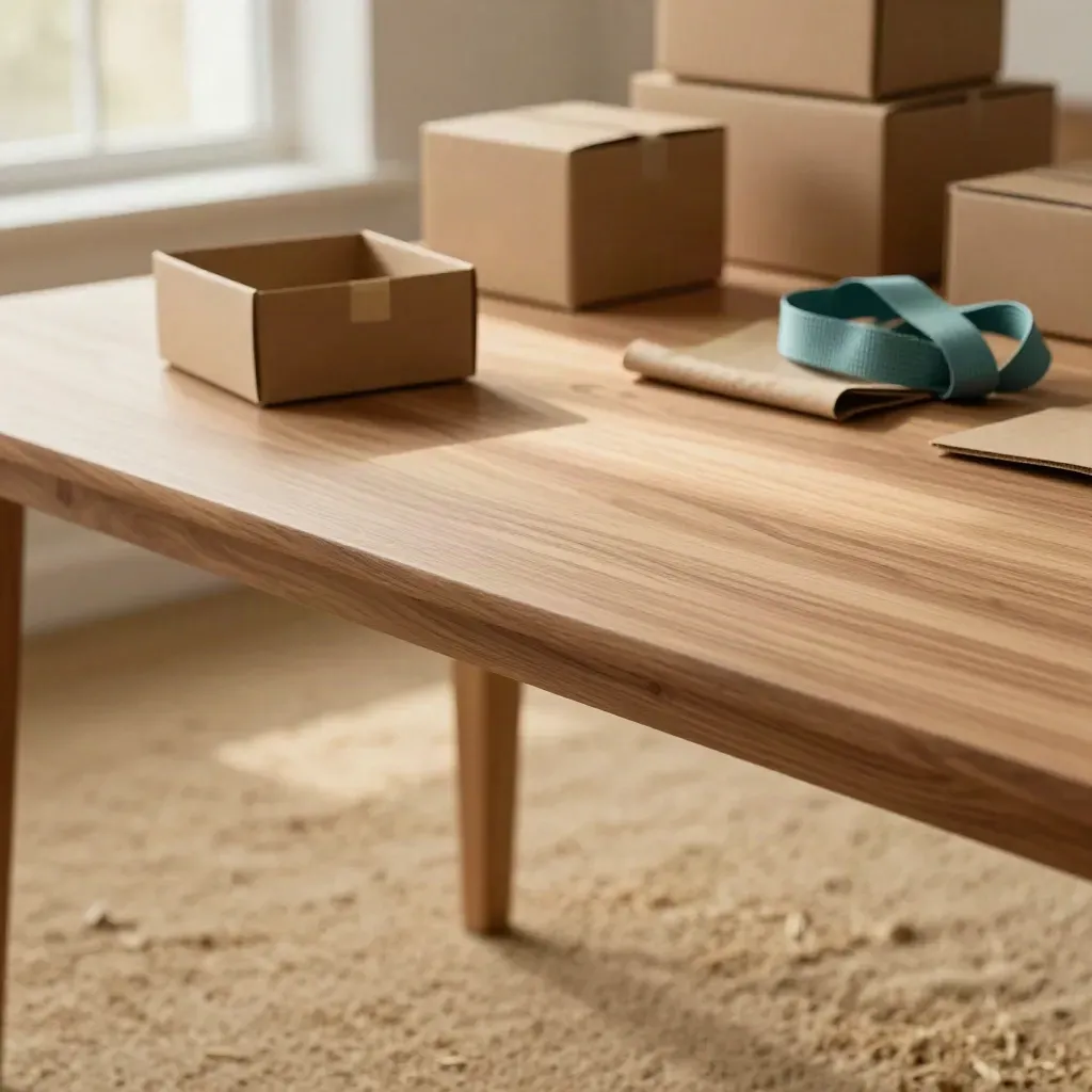 Pale walnut worktop with export crates and packaging samples by a bright window